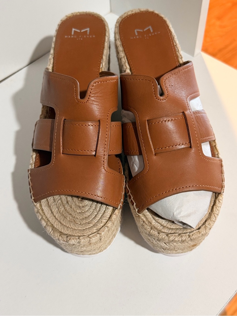 New Marc Fisher Brown Leather Espadrille Slide Mules